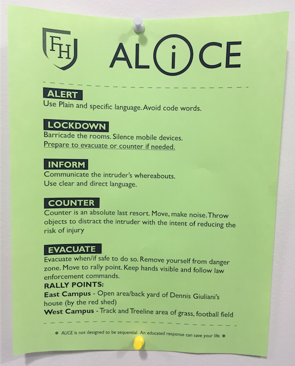 ALICE drill flyers are posted in every room of the school. 