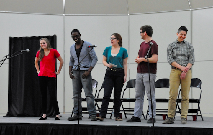 Members of Speak About It perform part of their presentation on stage in the Flint Hill gym.