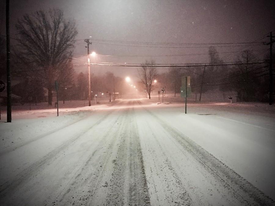 Route 123, a major traffic artery to access Flint Hill, was deserted on the night of Friday, January 22, as snow began to fall. 