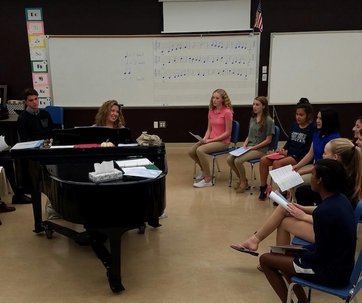 Major Minors singers go over new music at rehearsal.