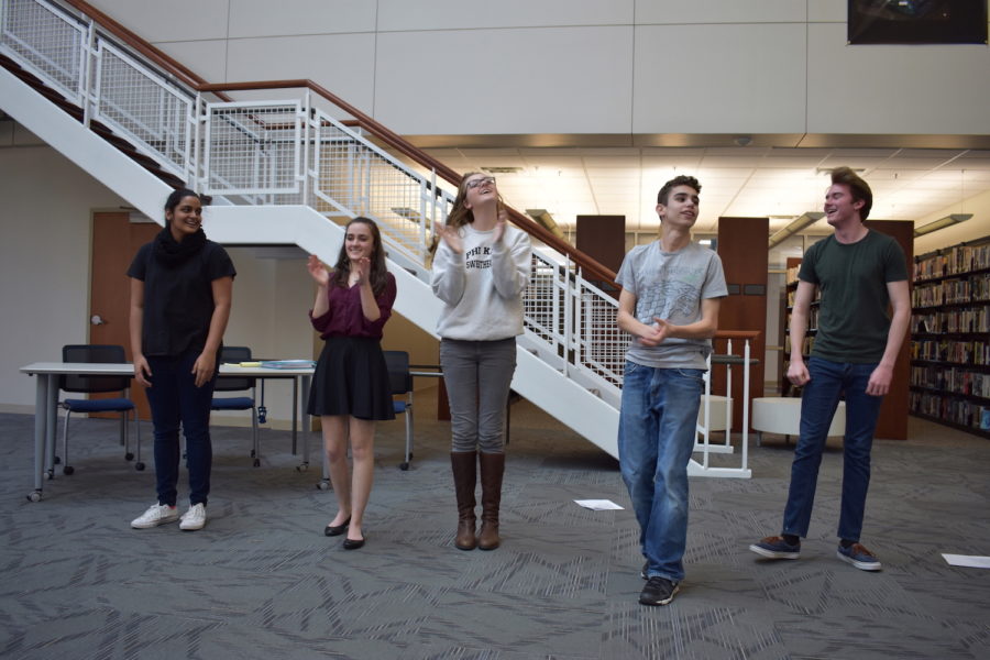 Freshman Jansi Patel, sophomore Hannah Yasmin Khan, Kramer, sophomore Sebastian Van Der Weide, and freshman Calvin Lucido revel in the applause. 