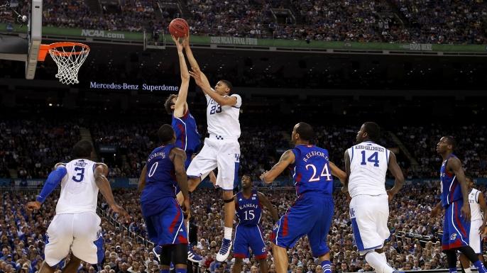 Kentucky Wildcats Anthony Davis makes a shot in the final game of the 2012 NCAA tournament.