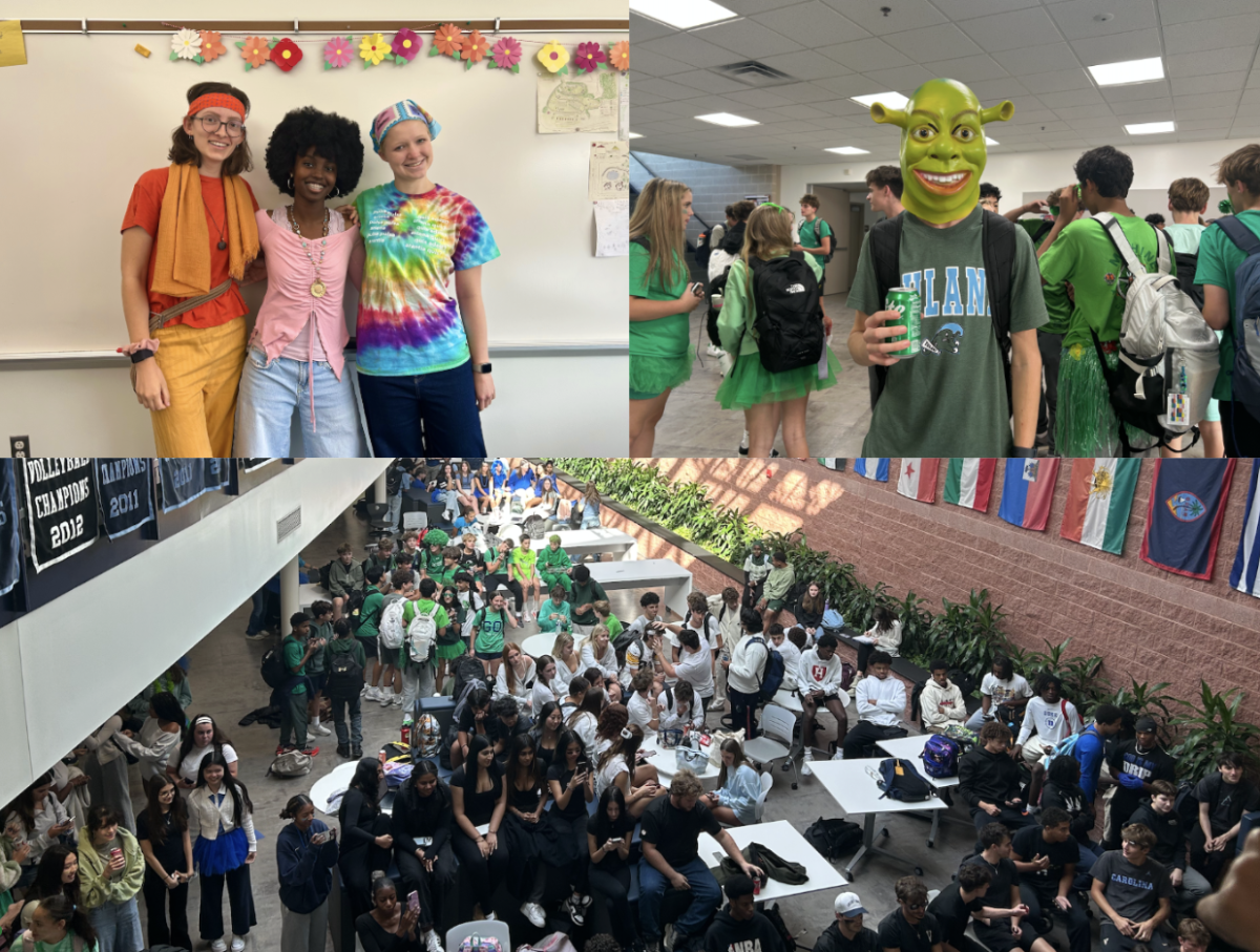 Clockwise from upper left: Paulina Dackiw ‘26, Nadia Ngata ‘26, and Mackenzie Sanford ‘26 in 70s attire; Unknown student in Shrek mask amid green-clad peers; Upper School Open Mic on Color Day